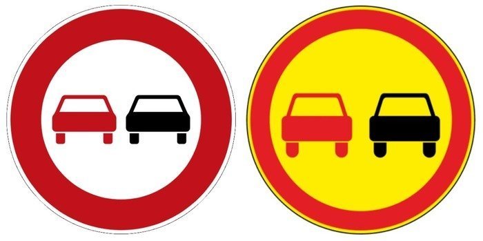 Знак запрещает обгон всех ТС, кроме тихоходных транспортных средств, гужевых повозок, велосипедов, мопедов. Знак справа — временный, его ставят во время дорожных работ