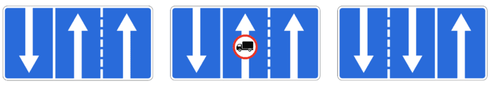 Знаки 5.15.7 «Направление движения по полосам». Этот знак указывает, что слева встречное движение и пересекать сплошную линию запрещено. Знак показывает, какому транспортному средству запрещено по левой полосе.