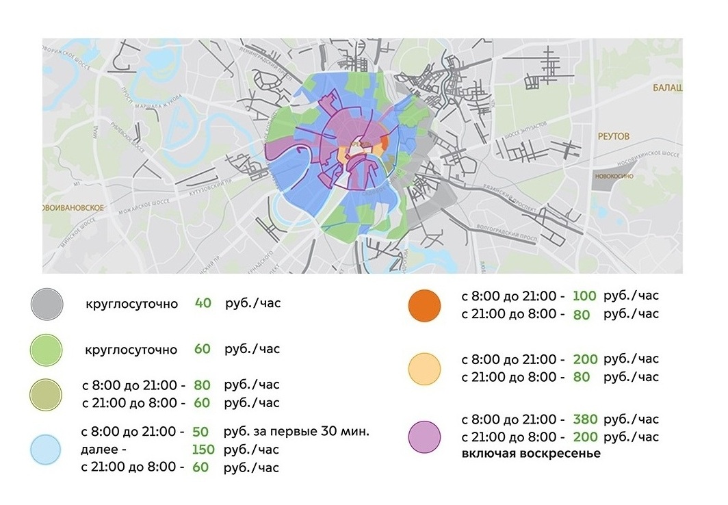 Самая дорогая зона — 380 руб./час. Почти вся она в пределах Садового кольца — это центр Москвы
